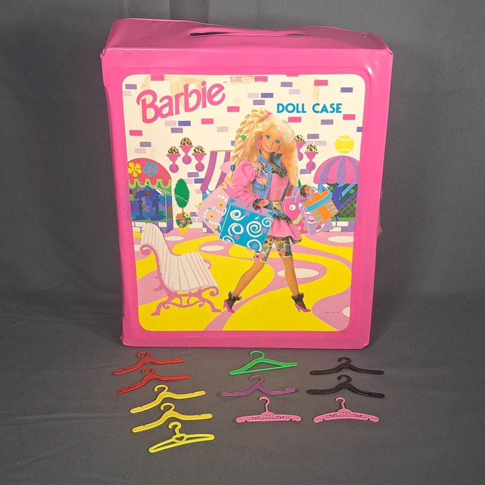 VTG Mattel 1992 Barbie Doll Pink Vinyl Carrying Case & 10 Hangers 90s Toy Retro